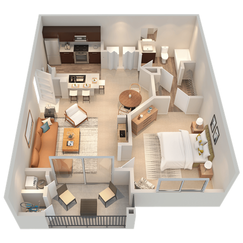 Floor plan for 1 bed, 1 bath, 755 sqft